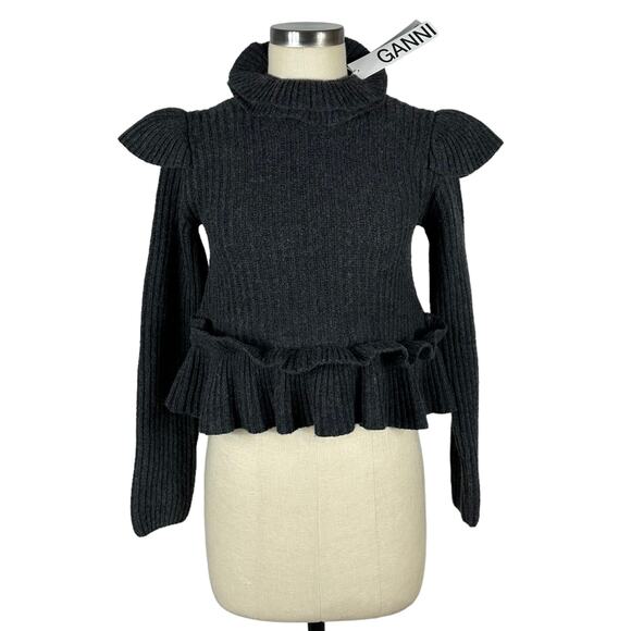 GANNI Gray Ribbed Open-Back Turtleneck Sweater Ruffles Charcoal XXS NWT Glam - Picture 1 of 9